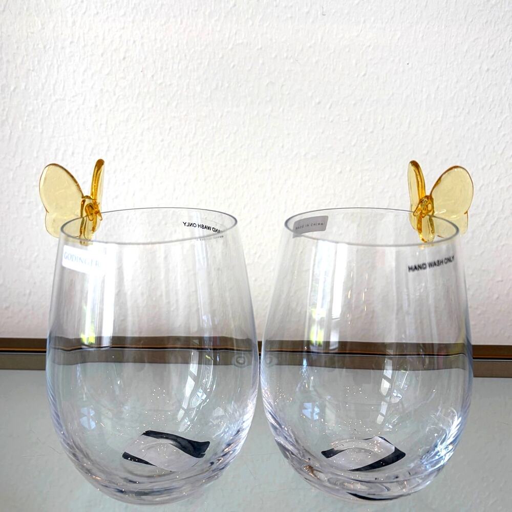 Godinger Yellow Butterfly Stemless Wine Glass Set of 2 Chic Summer Barware NEW